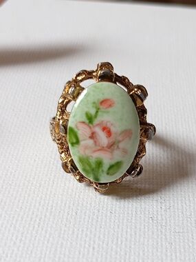 Hand-Painted Porcelain Floral Ring in Pink & Green - Gold Setting
